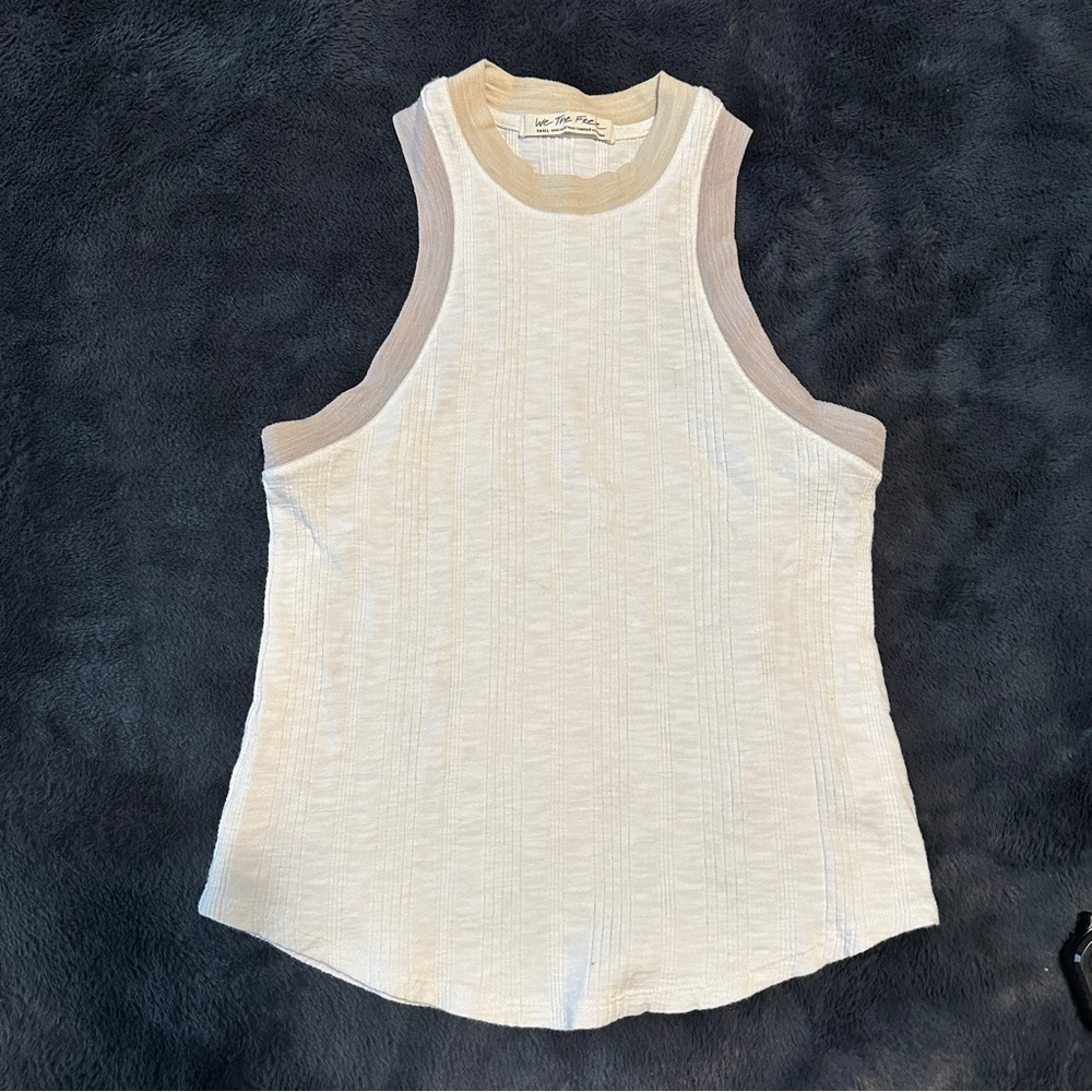 We The Free Sleeveless Ribbed Tank Top in Cream with Taupe Trim